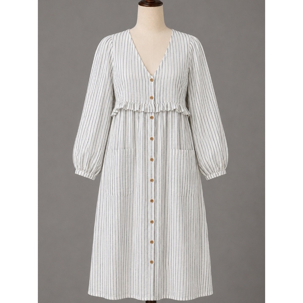 Emerson Fry Dress Small White Striped V-Neck Button Front Puff Sleeve Midi Boho